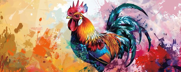 Fototapeta premium Colorful rooster amidst vibrant abstract splashes, digital art. Creativity and wildlife concept