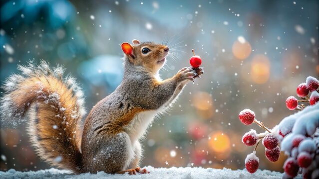 Adorable brown squirrel stretches tiny hand to grasp winter nut amidst snowflakes in serene park setting, red accents pop against frosty backdrop, pure winter wonder.