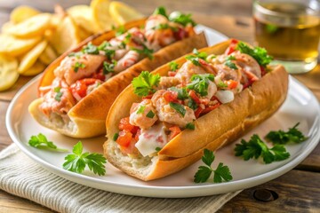 Freshly prepared seafood delight featuring two overflowing lobster roll sandwiches with parsley garnish, paired with crispy potato chips on a clean white plate.
