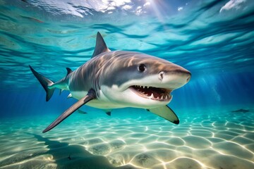 Obraz premium Fearsome shark with razor-sharp teeth cruises through turquoise waters, its ominous fin slicing the surface, hunting for prey in the vast, open ocean habitat.