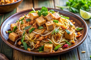 Vibrant vegetarian pad thai dish featuring stir-fried rice noodles, crispy tofu, bean sprouts, and peanuts in a rich, savory tamarind-based sauce, garnished with fresh herbs.