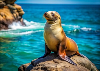A majestic sea lion reclines on a rugged rock formation, its fur glistening in the sunlight, as it gazes out at the turquoise ocean waters below.