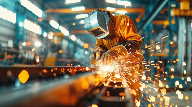 A skilled worker wearing protective gear and using a welding torch to join two metal pieces together, with sparks flying in a busy industrial workshop