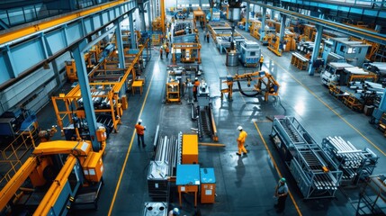 An overhead view of a bustling metalwork factory floor, showcasing various workstations, machinery, and workers engaged in different stages of metal fabrication