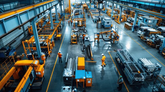 An overhead view of a bustling metalwork factory floor, showcasing various workstations, machinery, and workers engaged in different stages of metal fabrication