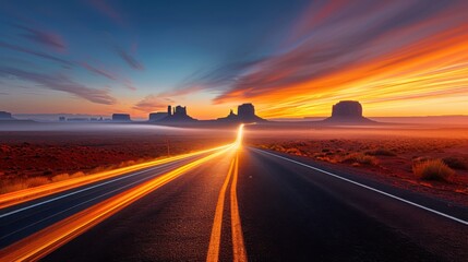Naklejka premium Long exposure photo capturing the iconic road in Monument Valley, illuminated by car headlights with the dramatic silhouette of mountain peaks and wisps of fog in the background, under an orange and