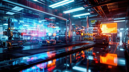 A futuristic factory interior bathed in a blue and purple neon glow, featuring human-like robots working alongside high-tech glass and ceramic machinery. The scene is illuminated with soft, colorful