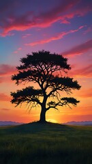 A serene silhouette of a lone tree against a colorful sunset sky, digital style 