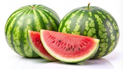 Fresh green whole watermelon and juicy sweet slices isolated on a clean white background, perfect for summer fruits, healthy eating, and refreshing lifestyle themes.