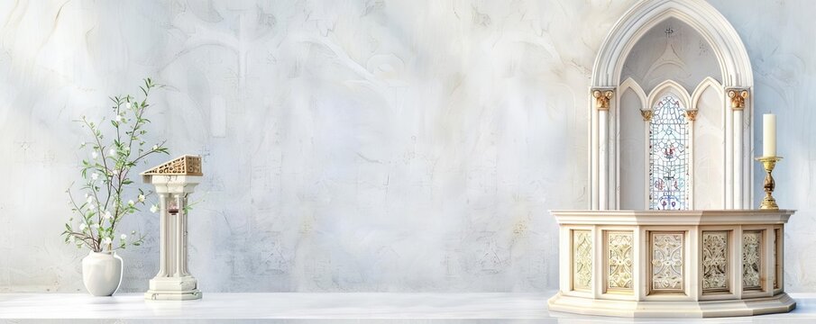 Church sermon, ornate podium, spiritual atmosphere, Watercolor style