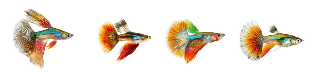 Fototapeta premium Four Vibrant Guppy Fish with Colorful Tails