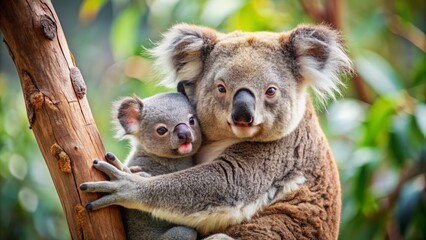 Obraz premium Adorable mother koala cradles her tiny joeey in a tight warm embrace, showcasing the unbreakable maternal bond between the tender marsupial duo in their natural habitat.