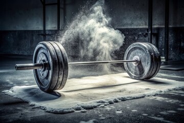 Chalk-dusted barbell rests on lifted weights platform, surrounded by scattered chalk remains, evoking intense powerlifter's mental preparation for a monumental lift.