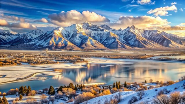 Snow-capped Rocky Mountains tower above frozen lakes and valleys, with wintry landscapes of Provo, Farmington, Bountiful, Orem, and Salt Lake City stretching towards the horizon.