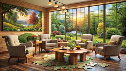Cozy retirement home setting with scattered jigsaw puzzle pieces on a wooden table surrounded by comfortable armchairs and nature-inspired wall decor.