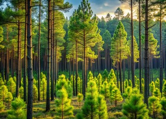 Majestic young pine trees with vibrant green needles and slender trunks stand tall amidst a serene forest landscape, surrounded by dense foliage and dappled light.