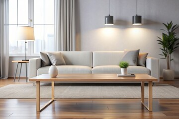 Empty white surface on a minimalist table in front of a blurred sleek modern living room with Sofa and floor lamps out of focus background.