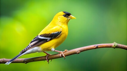Fototapeta premium Vibrant yellow American Goldfinch perches on a branch, its bright plumage contrasting with a soft, blurred green nature background in a serene North American backyard scene.