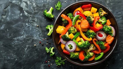 Colorful bowl of fresh, mixed vegetables including broccoli, peppers, onions, and carrots on a dark textured background.