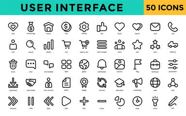 User Interface icons set with love, money bag, home, coin, setting, like, heart, hearts, mail, call icon. Simple line vector 
