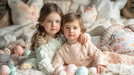 Fototapeta premium Siblings in matching pastel outfits, sitting on a blanket with Easter-themed decorations, soft pastel hues, vintage style, candid moment