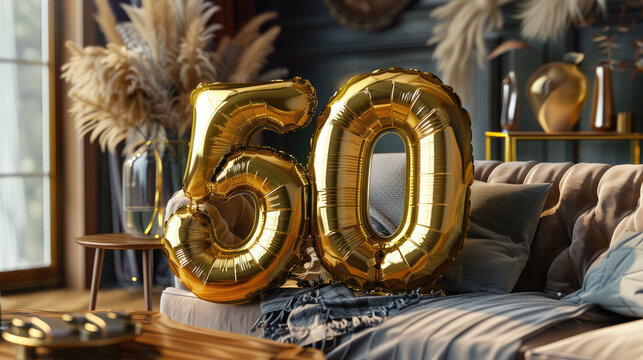 Golden 50th Anniversary Celebration Balloons in a Cozy Living Room with Elegant Decor and Natural Light