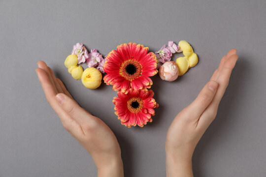 Uterus, flowers and female hands on gray background, top view