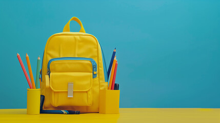 Fototapeta premium Educational Backpack Scene with Crayons and Stationery, Featuring Yellow and Blue Colors for a Creative Back to School Concept