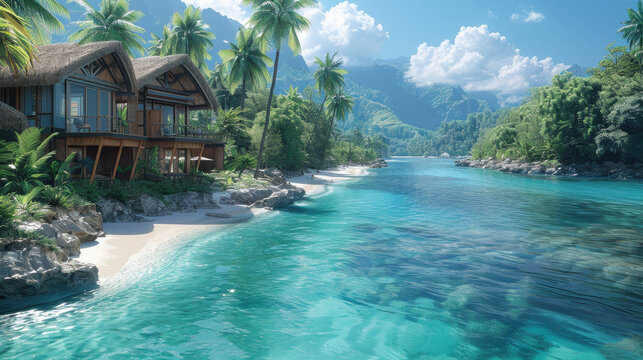 A stunning cliffside resort featuring an infinity pool overlooking turquoise waters, with comfortable loungers and orange umbrellas amidst lush greenery.
