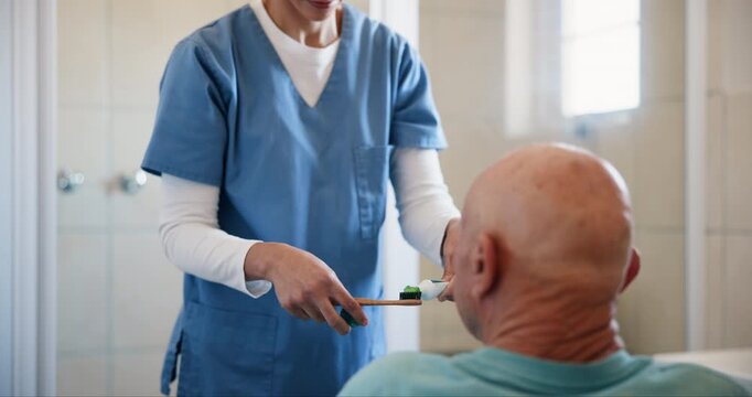 Brushing teeth, cleaning and senior man with healthcare from caregiver with help for patient with dementia. Medical, dental and oral hygiene support with nurse in bathroom for wellness in retirement