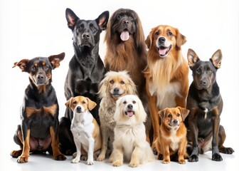 Diverse breeds of dogs in various sizes stand together in unison, their black silhouettes contrasting against a bright white background, creating a heartwarming canine ensemble.