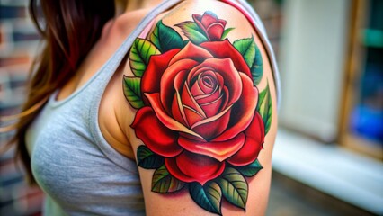 Vibrant red rose tattoo with bold lines and bright colors on a female arm, showcasing traditional style tattoo art with intricate details and subtle shading.