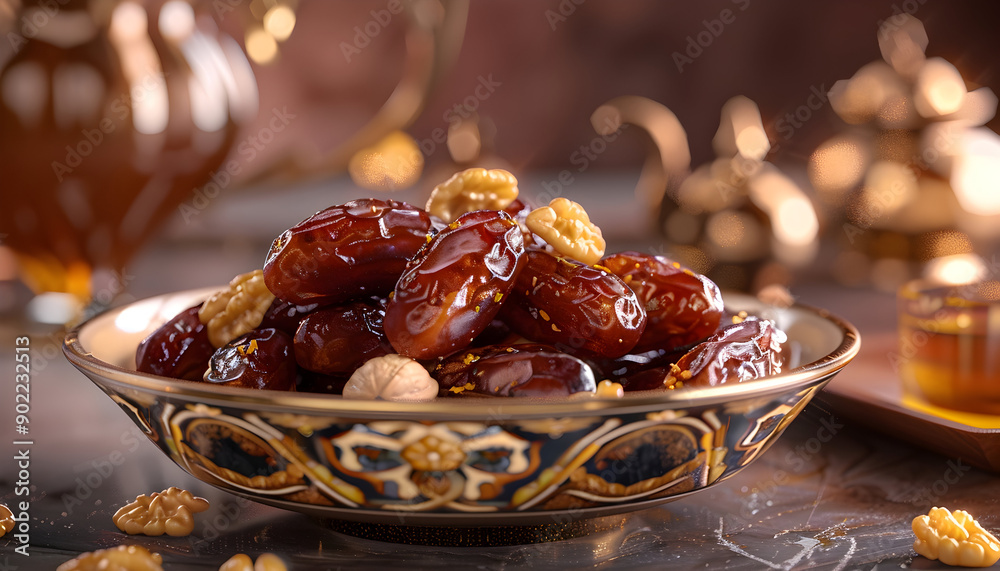 Wall mural close-up of dates and walnuts in a decorative bowl.