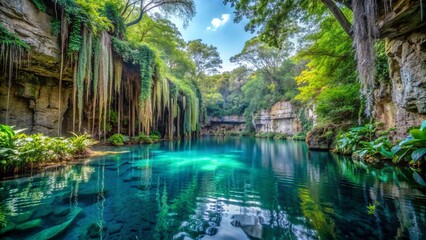 Serene turquoise waters of Chikin Ha cenote in Mexico's Yucatan jungle, surrounded by lush greenery and ancient Mayan ruins, evoke mystique and tranquility.