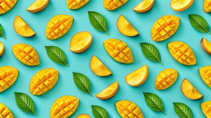 Vibrant diagonal pattern of ripe mango slices on a fresh mint blue background, evoking tropical vibes, healthy eating, and fashion, perfect for posters and wallpapers.