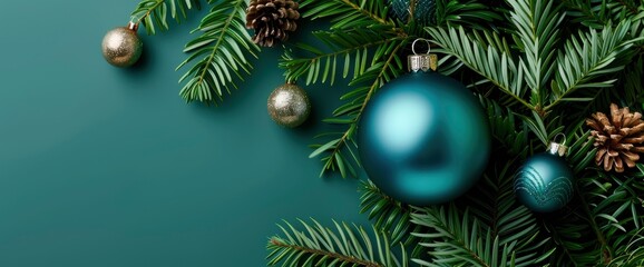 Fototapeta premium 2024 New Year Green Background With Blue Shiny Decoration, A Christmas Greeting Card Mockup Creating A Festive Scene