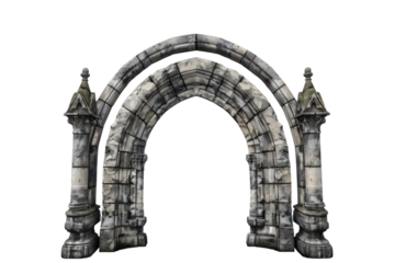 Ancient old, weathered stone archway entrance on a transparent, isolated background. Cut out or PNG.