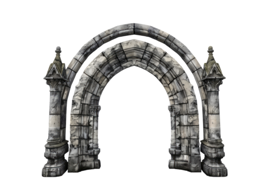 Ancient old, weathered stone archway entrance on a transparent, isolated background. Cut out or PNG.