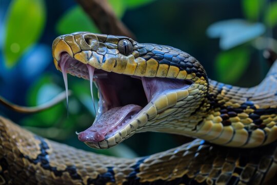 Yellow and brown snake with sharp teeth and tongue out is coiled around a branch with green foliage in background
