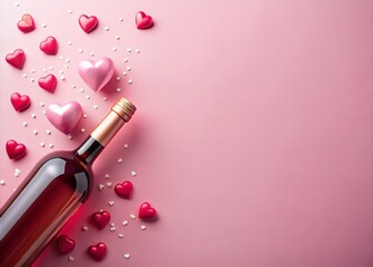 Pastel pink background adorned with hearts and a wine bottle, perfect for Valentine's Day, Mother's Day, Women's Day, Wedding, or love-themed celebrations, featuring ample copy space.