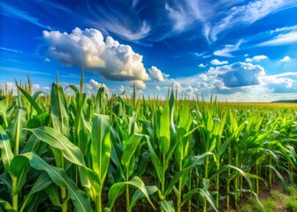 Fototapeta premium Vibrant green cornstalks stretch towards a brilliant blue sky in a serene rural Iowa landscape, showcasing the heartland's lush agricultural heritage and rolling farmland.