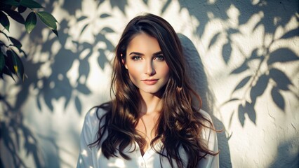 Serene portrait of a mysterious dark-haired young woman standing in front of a white wall with leaf shadows, her hair partially obscuring her gentle smile.