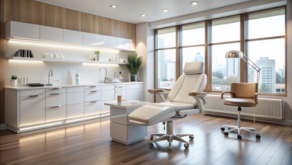 A sleek dermatology clinic interior features a vacant chair and equipment for facial rejuvenation treatments, with a hyaluronic acid syringe and other tools on display.