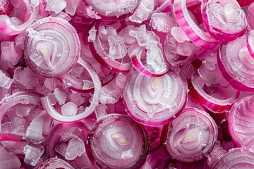 Close-up of frozen sliced ​​red onions, highlighting the crunchy texture and vibrant color. Frozen red onion rings.