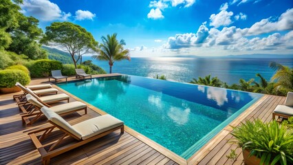 Fototapeta premium Serene luxury swimming pool overlooking stunning ocean view with calm turquoise water, surrounded by deck chairs and lush greenery under clear blue sunny skies.