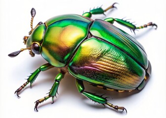 Vibrant green june beetle with metallic sheen perches on transparent background, showcasing intricate details of its iridescent wings and segmented body in sharp focus.