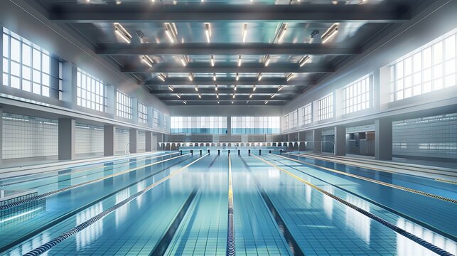 Spacious indoor swimming pool with multiple lanes and natural light through large windows, perfect for competitive and recreational swimming.