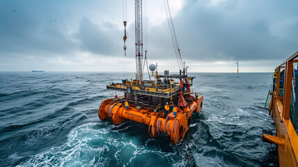 Offshore wind turbine under construction in the ocean, representing the advancement of renewable energy technology and sustainable development.