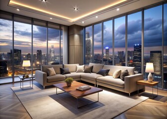 Sleek modern living room with floor-to-ceiling windows offering breathtaking panoramic night view of city lights, sleek sofa, and elegant decor in neutral tones.