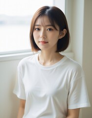 Portrait photo of Beautiful Japanese Woman in Casual Attire Posing by Window with Natural Light.